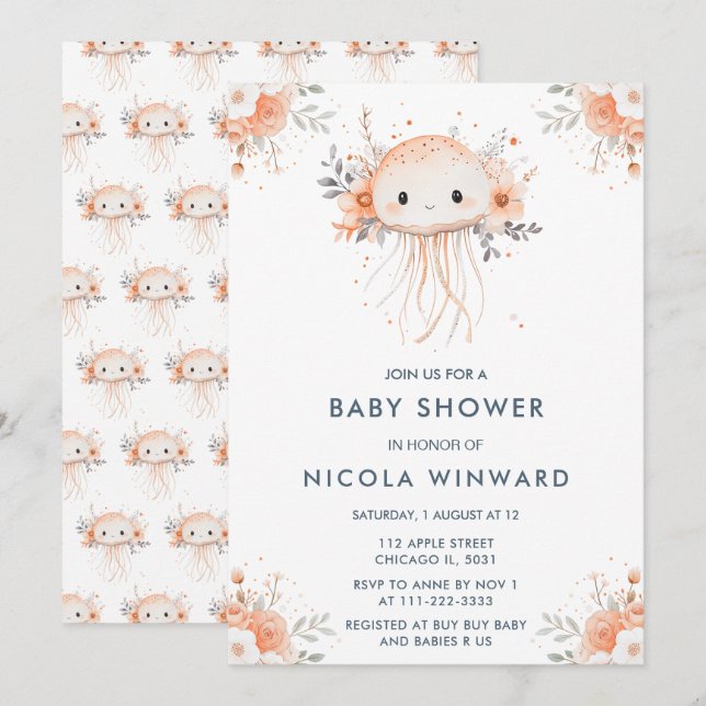 Cute Floral Jellyfish Baby Shower Invitation (Front/Back)