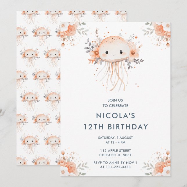 Cute Floral Jellyfish Birthday Party Invitation (Front/Back)