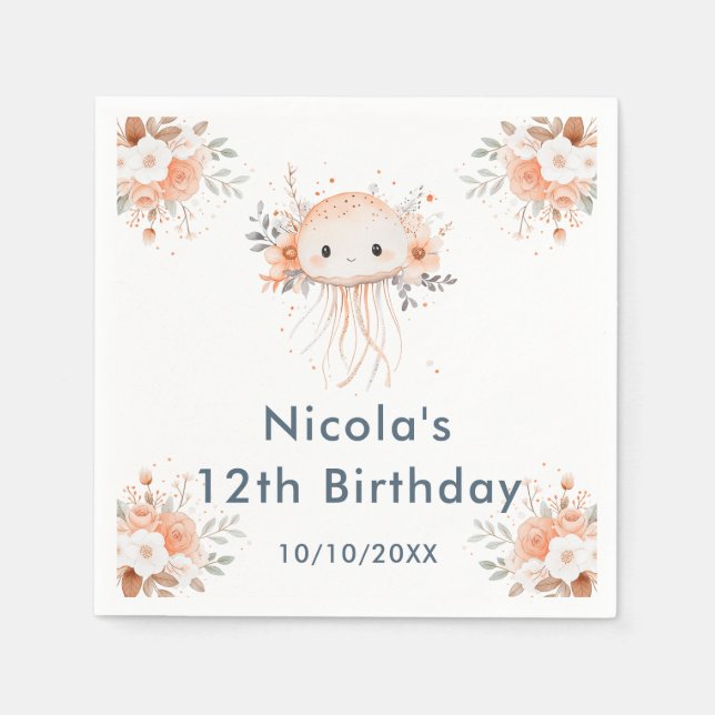 Cute Floral Jellyfish Birthday Party Napkin (Front)