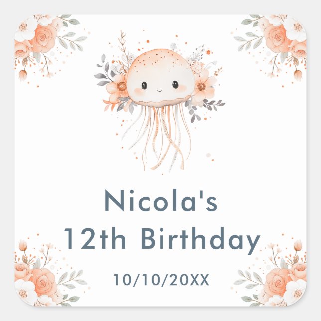 Cute Floral Jellyfish Birthday Party Square Sticker (Front)