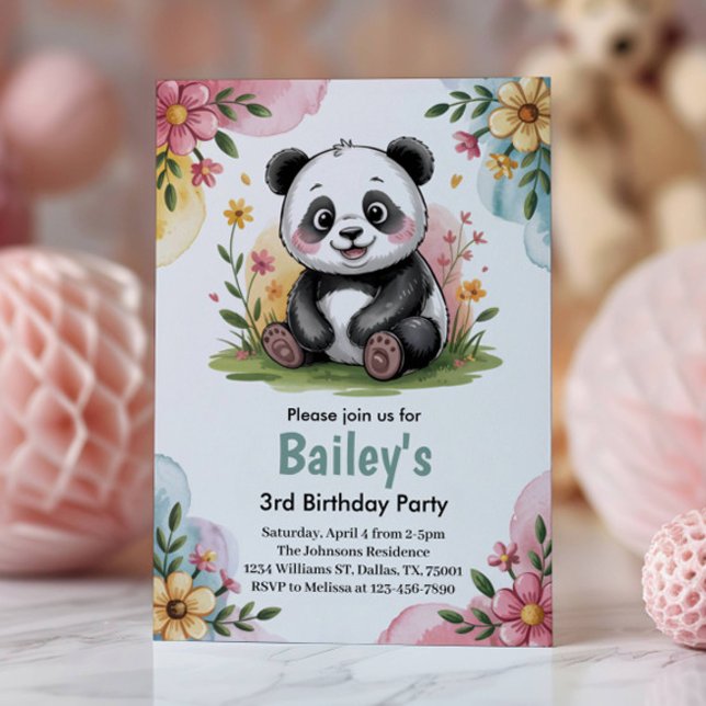 Cute Floral Kids Panda 3rd Birthday Party Invitation (Creator Uploaded)