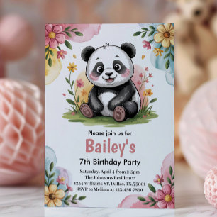Cute Floral Kids Panda Birthday Party Invitation