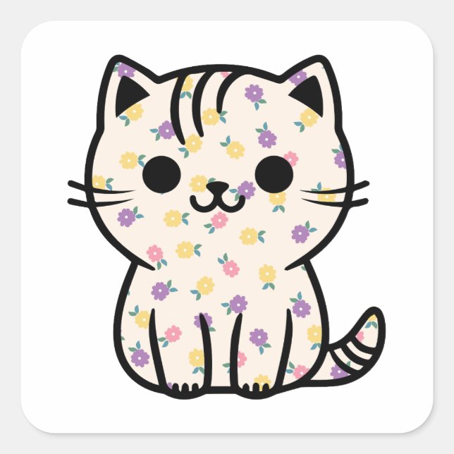 Cute floral kitty square sticker (Front)