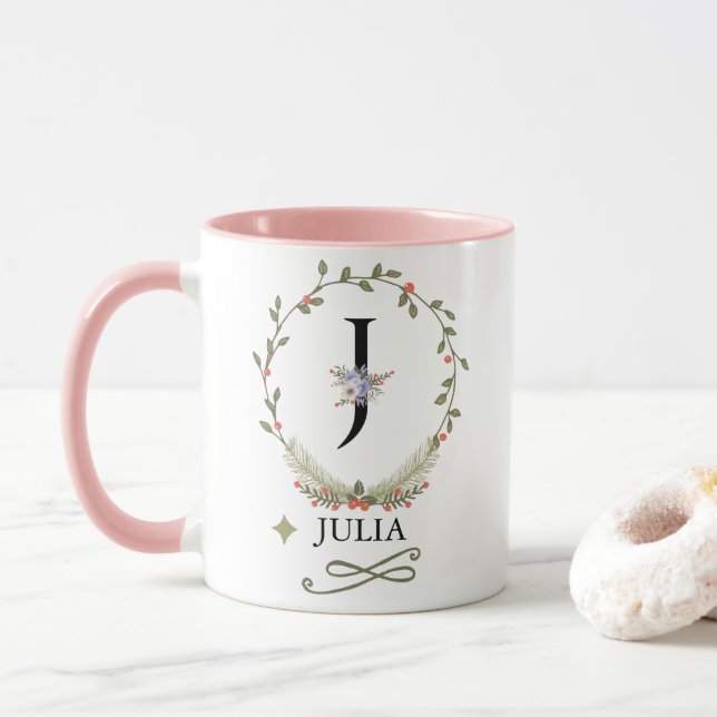 Cute Floral Letter J Monogram Mug (With Donut)