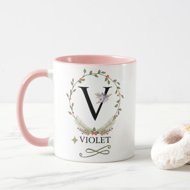 Cute Floral Letter V Monogram Mug (With Donut)