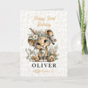 Cute floral lion Happy 1st Birthday Greeting Card