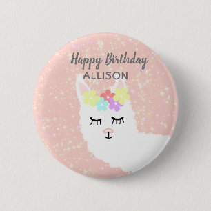 Cute Floral Llama Blush Pink Birthday Personalized 2 Inch Round Button