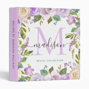 Cute Floral Monogram Purple Violet Recipe Cookbook Binder
