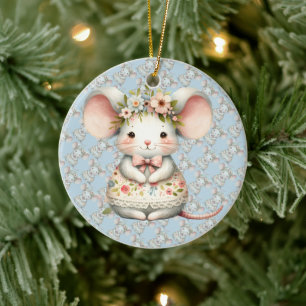 Cute Floral Mouse Dress Flower Crown Ceramic Ornament