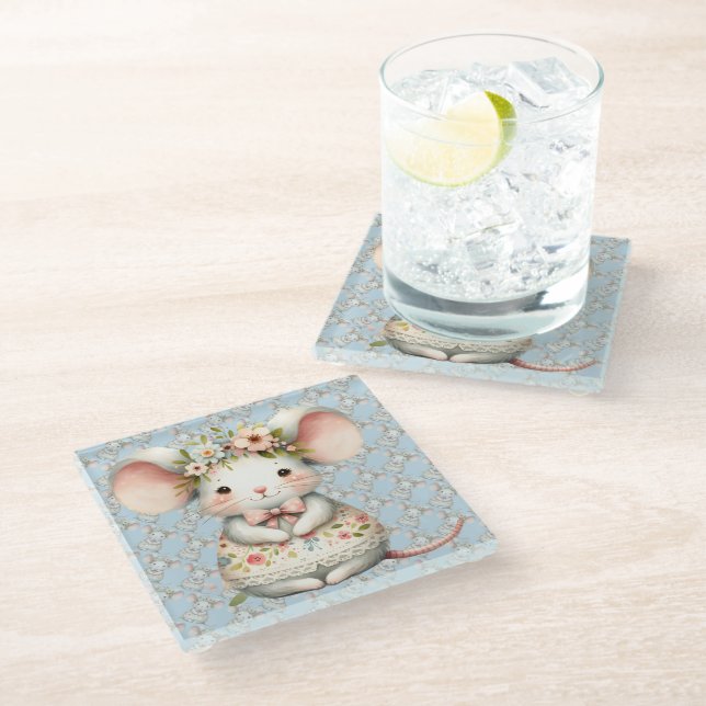 Cute Floral Mouse Dress Flower Crown Glass Coaster (Angled)