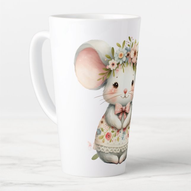 Cute Floral Mouse Dress Flower Crown Latte Mug (Left Angle)
