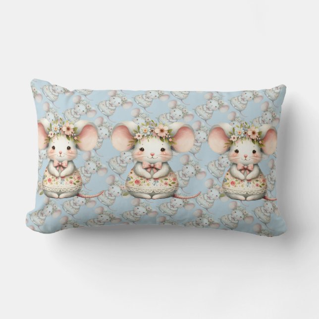Cute Floral Mouse Dress Flower Crown Lumbar Pillow (Front)