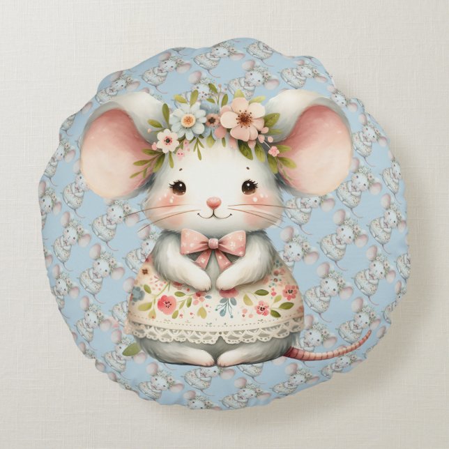 Cute Floral Mouse Dress Flower Crown Round Pillow (Back)