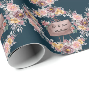 Cute Floral Mr And Mrs Wedding Navy Blue Wrapping Paper