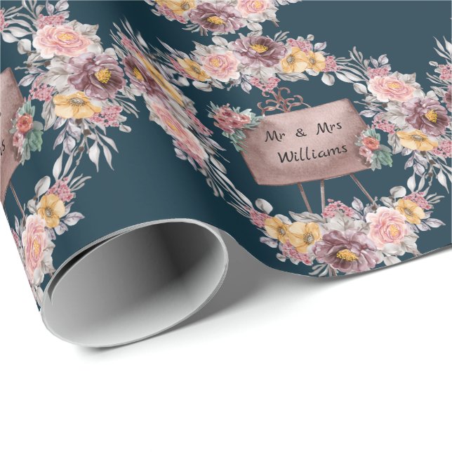 Cute Floral Mr And Mrs Wedding Navy Blue Wrapping Paper (Roll Corner)