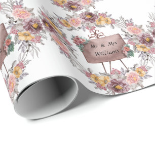 Cute Floral Mr And Mrs Wedding White Wrapping Paper