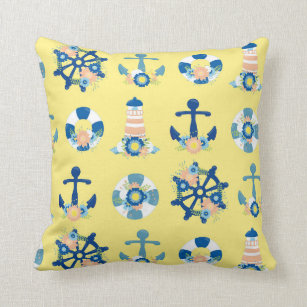 Cute Floral Nautical Anchor Lighthouse Yellow Throw Pillow