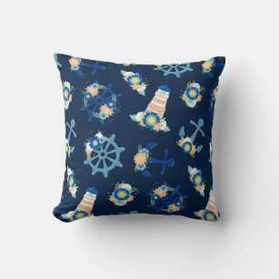 Cute Floral Nautical Blue Anchor Lighthouse Design Throw Pillow