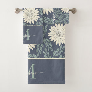 Cute Floral Navy Blue Green White Foliage Monogram Bath Towel Set