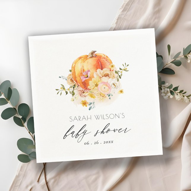 Cute Floral Orange Autumn Pumpkin Baby Shower Napkin (Creator Uploaded)