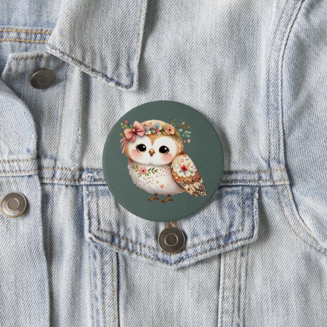 Cute Floral Owl with Bow 3 Inch Round Button (In Situ)