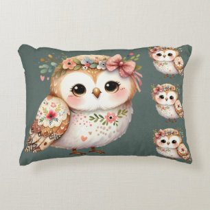 Cute Floral Owl with Bow Accent Pillow