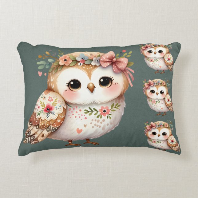 Cute Floral Owl with Bow Accent Pillow (Front)