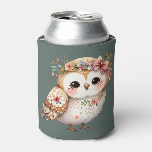 Cute Floral Owl with Bow Can Cooler (Can Front)