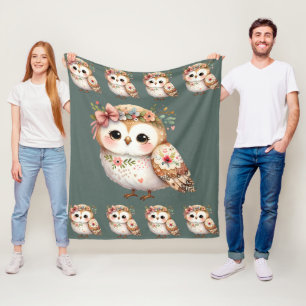 Cute Floral Owl with Bow Fleece Blanket