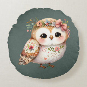 Cute Floral Owl with Bow Round Pillow