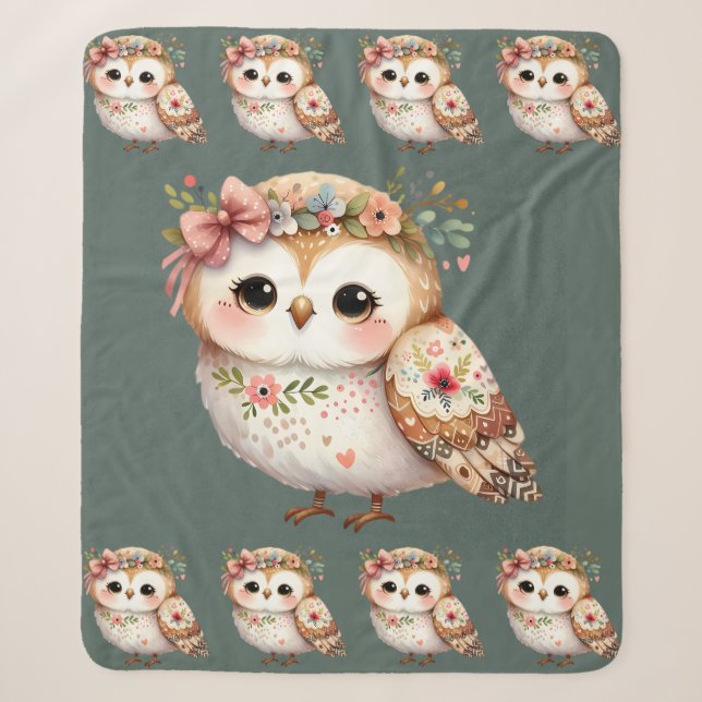 Cute Floral Owl with Bow Sherpa Blanket (Front)