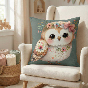 Cute Floral Owl with Bow Throw Pillow