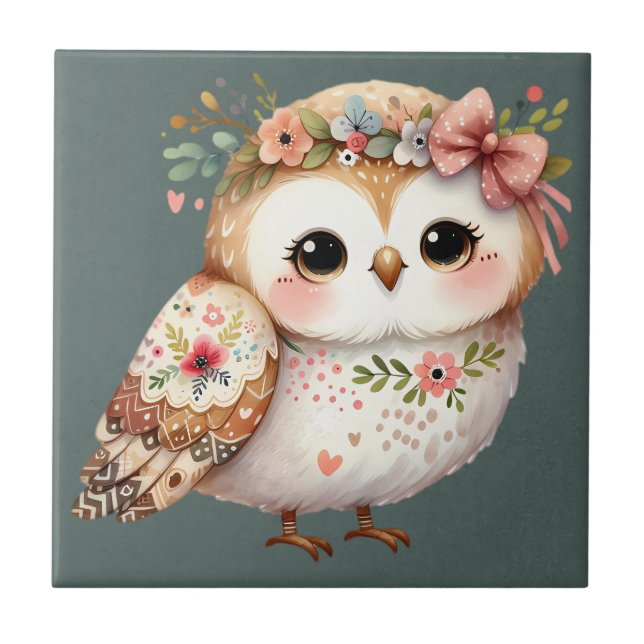 Cute Floral Owl with Bow Tile (Front)