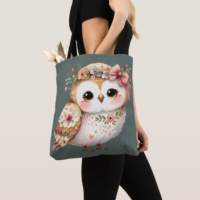 Cute Floral Owl with Bow Tote Bag (Close Up)