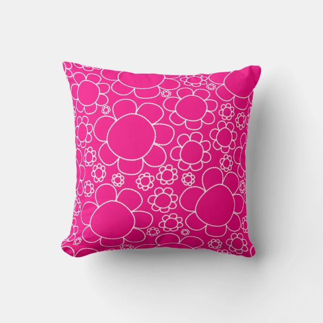 Cute Floral Pattern Doodle Flowers in Hot Pink Throw Pillow (Front)