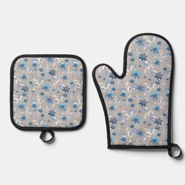 Cute floral pattern , flowers , floral pattern oven mitt & pot holder set (Front)