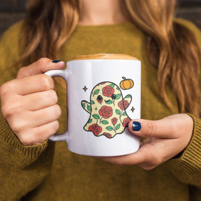 Cute Floral Pattern Ghost & Pumpkin Halloween Coffee Mug (Creator Uploaded)