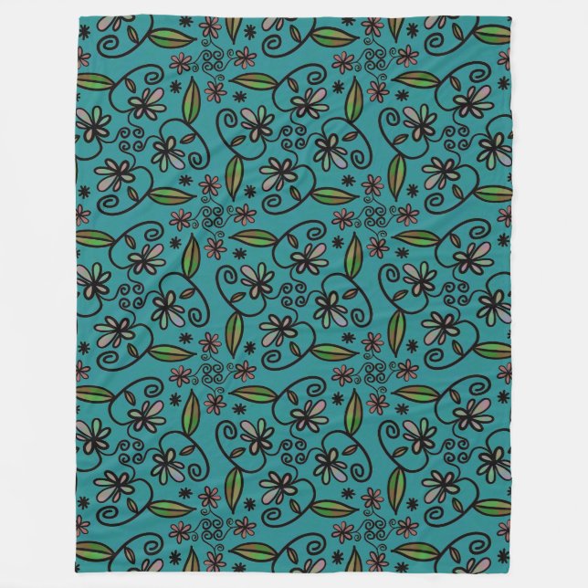 Cute Floral Pattern Teal Fleece Blanket (Front)