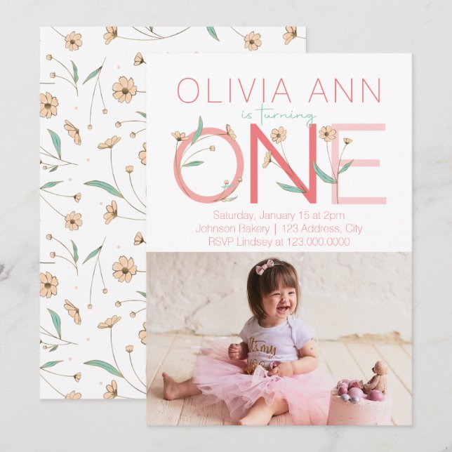 Cute Floral Photo First Birthday Invitation (Devant / Derrière)