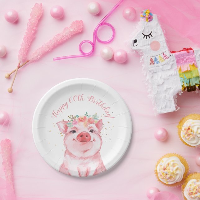 Cute Floral Pig 60th Birthday Paper Plate (Party)