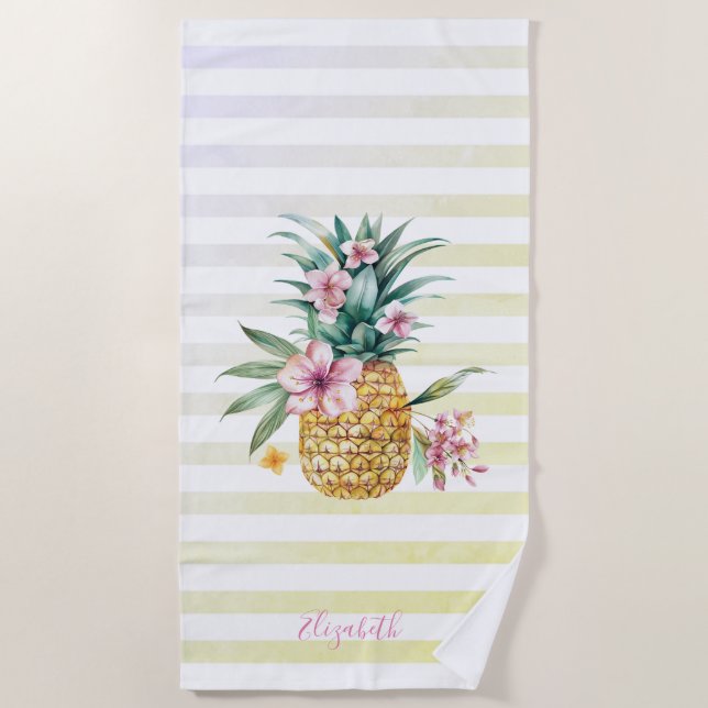 Cute Floral Pineapple Ombre Stripes  Beach Towel (Front)