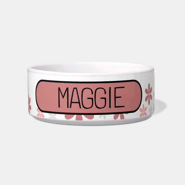 Cute Floral Pink and Grey Daisy Personalize Dog Bowl (Front)