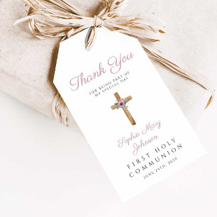 Cute Floral Pink Cross Girl First Communion Gift Tags