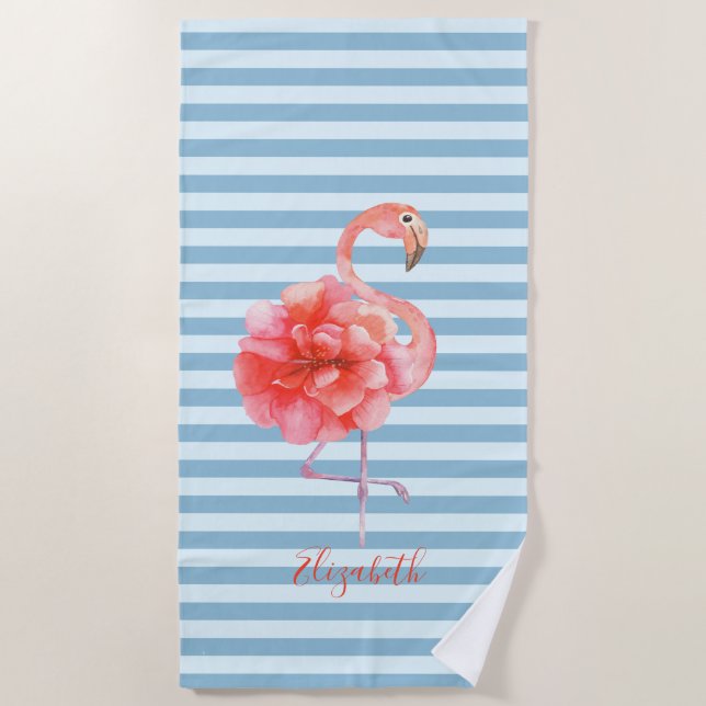 Cute Floral Pink Flamingos,Striped  Beach Towel (Front)