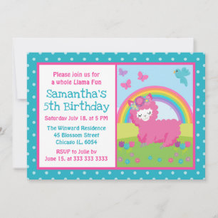 Cute Floral Pink Rainbow Llama Birthday Invitation