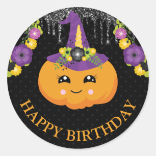 Cute Floral Pumpkin and Glitter Halloween Birthday Classic Round Sticker