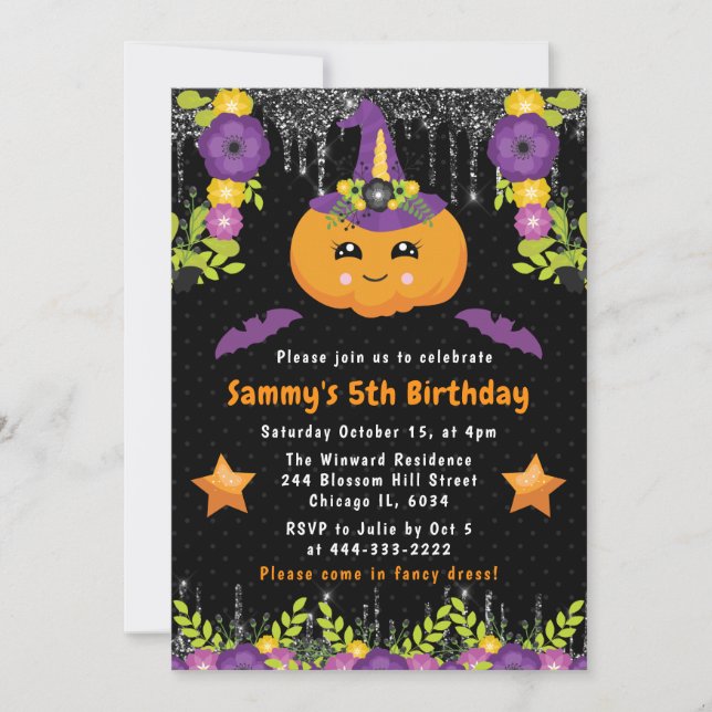 Cute Floral Pumpkin Halloween Birthday Party Invitation (Front)