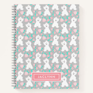 Cute Floral Puppy Pattern   Personalized   Grey Notebook