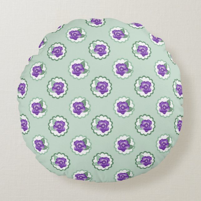 Cute Floral Purple Green Calico Pattern Round Pillow (Front)
