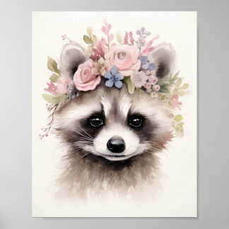 Cute Floral Raccoon  Poster